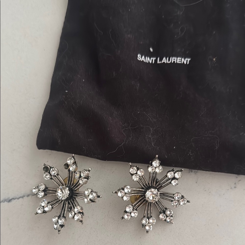 Saint Laurent Silver Cluster Earrings with Crystal Accents